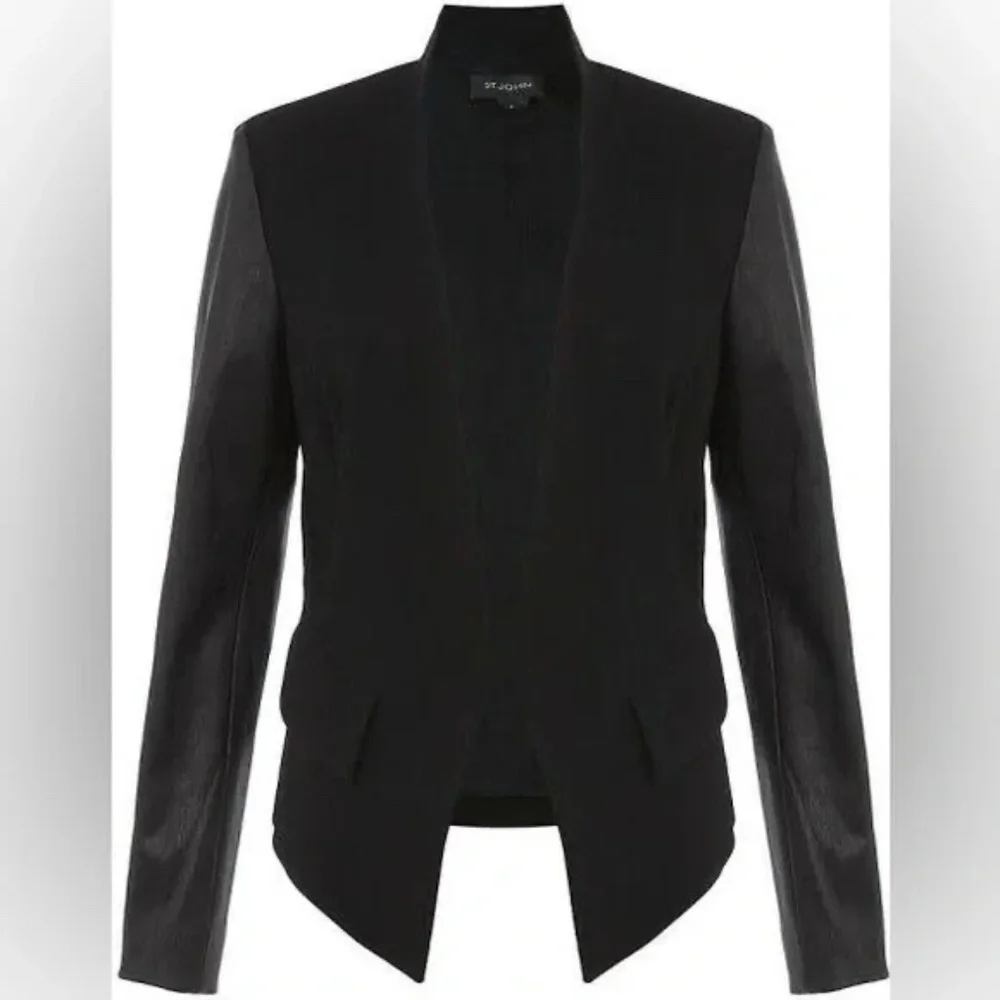 St. John Caviar Black Lamb Leather Open Front Blazer Jacket - Picture 1 of 16